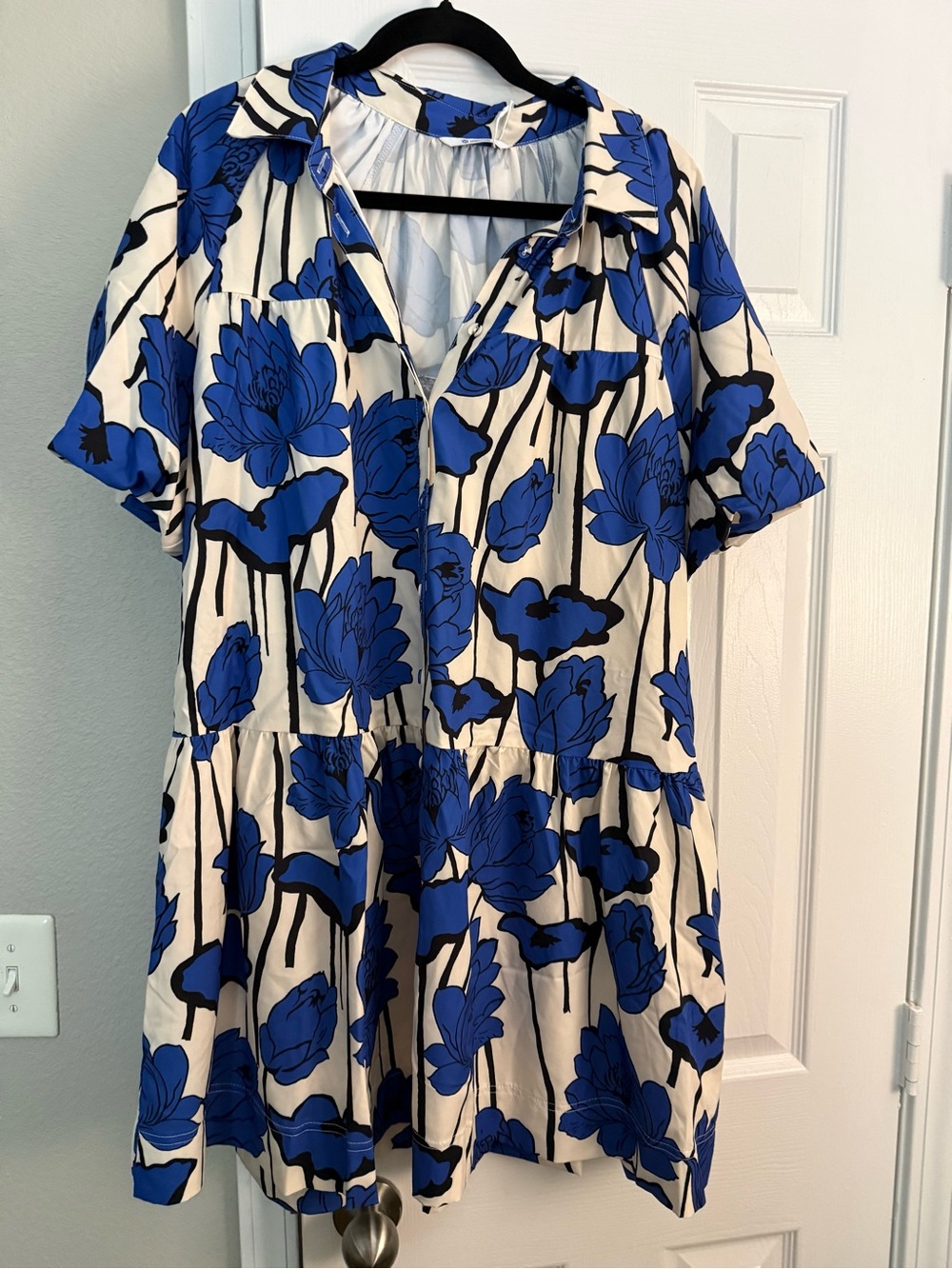 Blue Floral Button-Front Women’s Dress WITH POCKETS